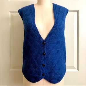 Vintage ‘90s Ellen Tracy Hand Knit Wool Button Down Vest Sweater Top Blue Sz L